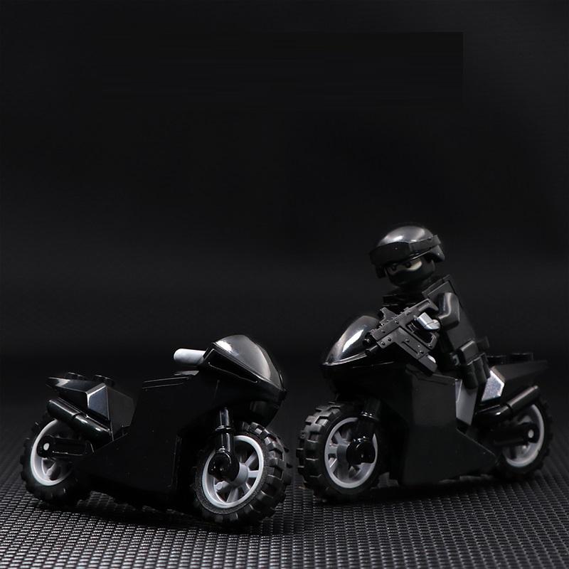 Motocyklové závody Černá zbraně Hračky Příslušenství Playmobil City Vojenské figurky Stavební kostka Cihla Originální Mini Hračky