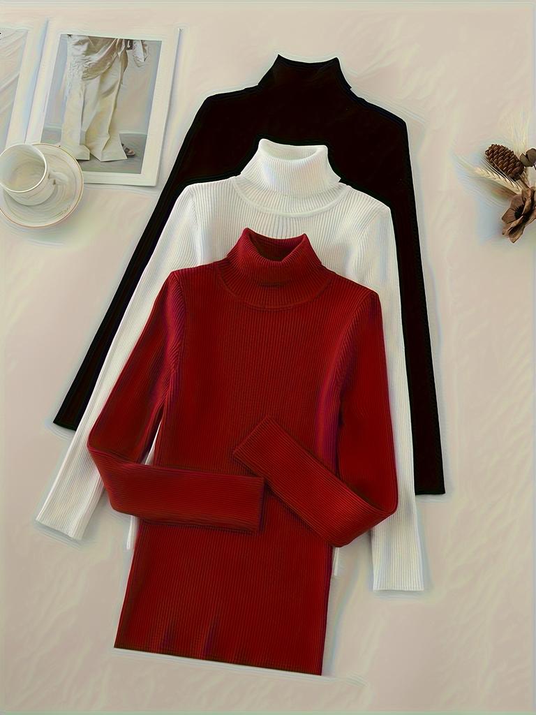 Golf 3 szt. Dzianinowy sweter pulower, Casualowy sweter z długim rękawem w jednolitym kolorze na jesień i zimę, Odzież damska