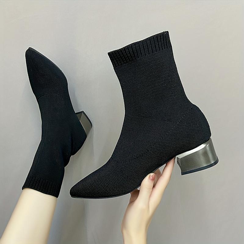 Fashion Women's Knitted Ankle Boots Pointed Toe Stretchy Chunky Med Heels Fashion Sock Short Botas