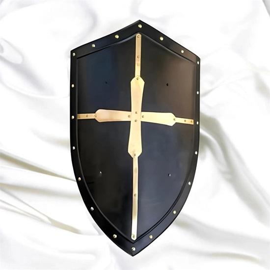 Medieval Crusader Shield Black and Gold Templar Cross Knight Armor Wall Decor Handmade