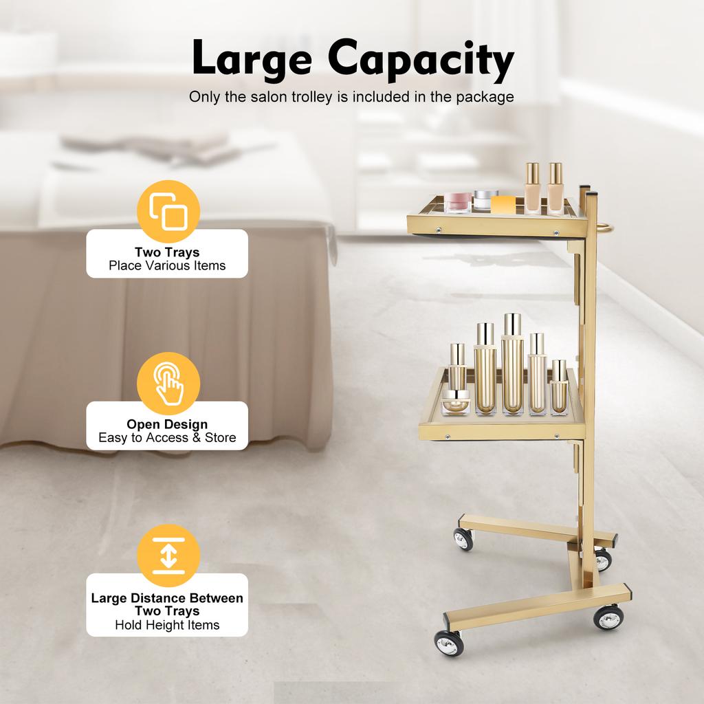 Carrello a 2 ripiani per salone di parrucchiere con ruote, organizer per prodotti di bellezza in acciaio inossidabile color oro, carrello con rotelle per salone, casa, spa