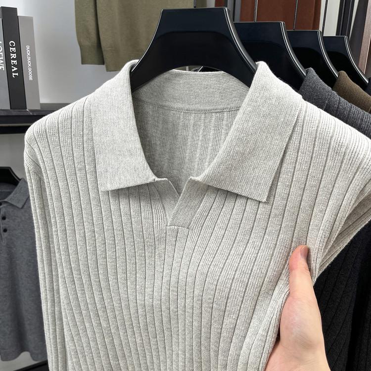 Męski sweter dzianinowy z długim rękawem, gładki, 2025: Wysokiej klasy koszulka polo business casual na wiosnę i jesień