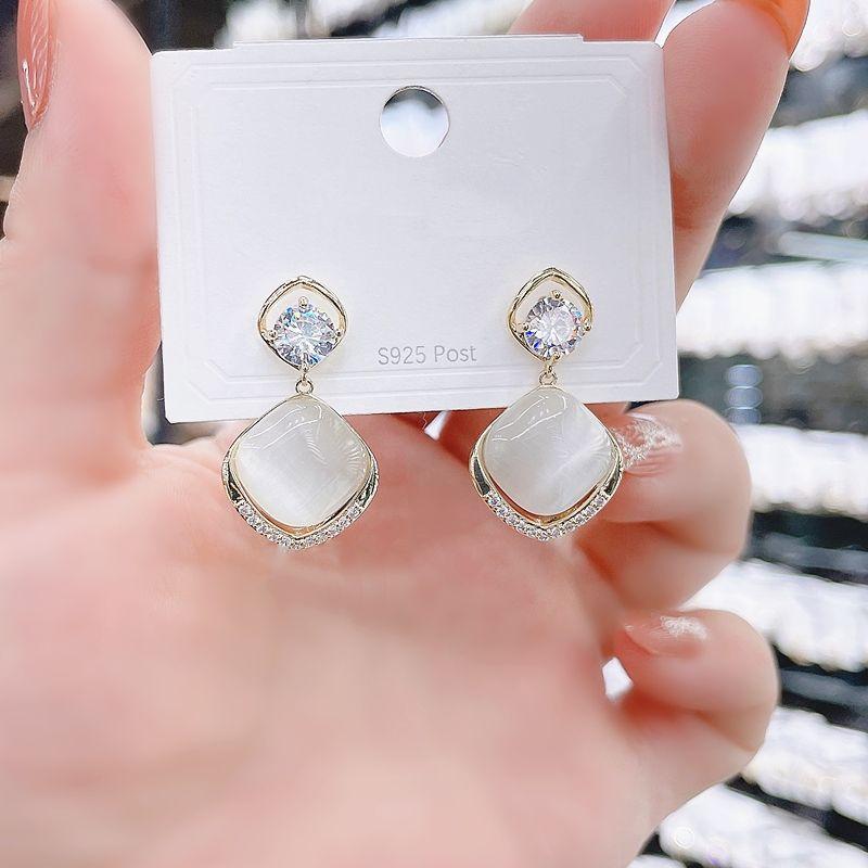 

Unique Women s Fancy Diamond Shape Slimming Earrings Opal Sterling silver needle + White Cat s Eye Stone