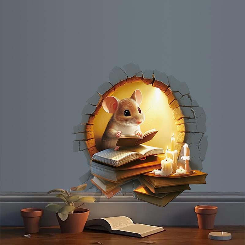 Cozy Cartoon Mouse Reading Book by Candlelight At Mouse Hole Toilet Wall Sticker Self-Adhesive Bathroom Home Decor Art Wholesale