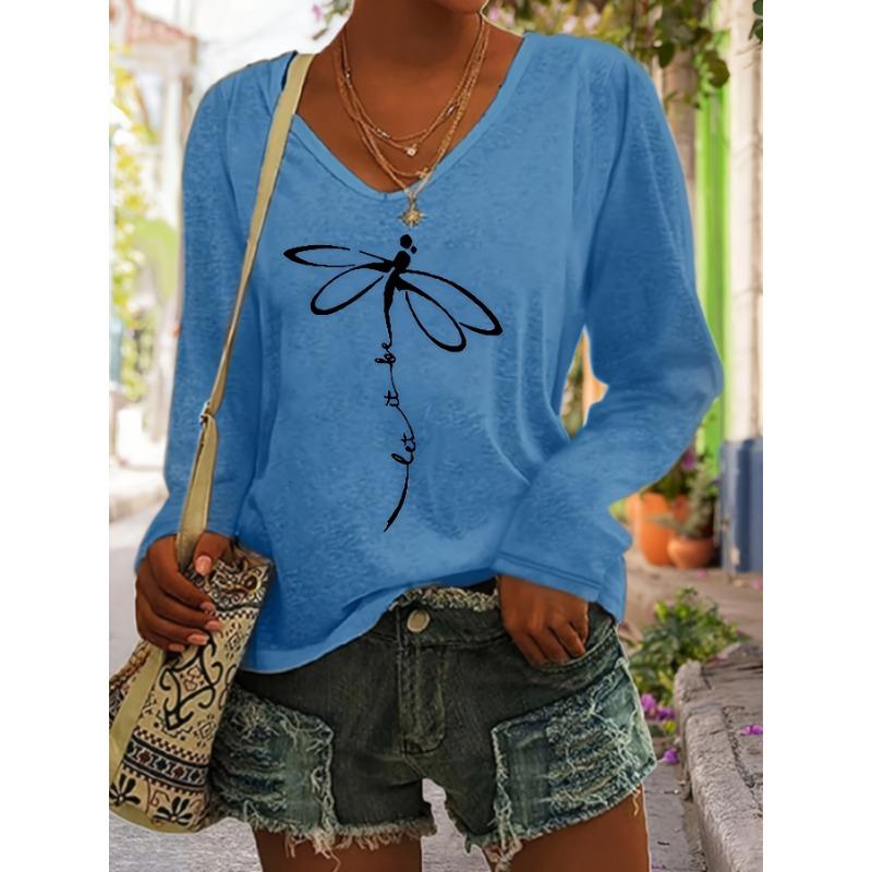 Women's V-Neck Long-Sleeve T-Shirt - Layering Basic with Medium-Stretch Fabric, Opaque Casual Blouse for Spring Summer Fall,
