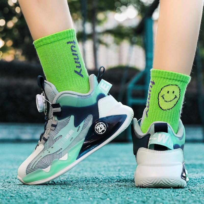 Boys' actual combat basketball shoes net surface non-slip running shoes 2024 new student rotating button sneakers