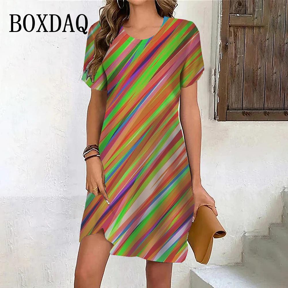 New Summer Fashion Gradient Rainbow Stripe Short Sleeve Dresses For Women Casual O-Neck Print Loose Party Clothes