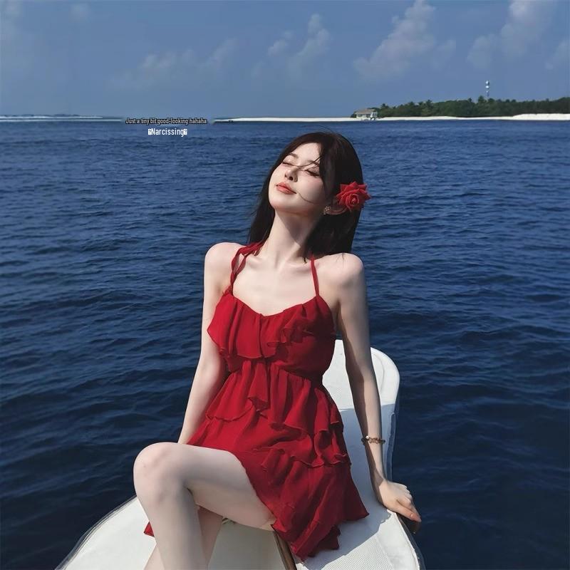2026 Summer Women's Red Slip Dress - Hot Girl Vacation Style, Slimming A-line Short Layered Skirt