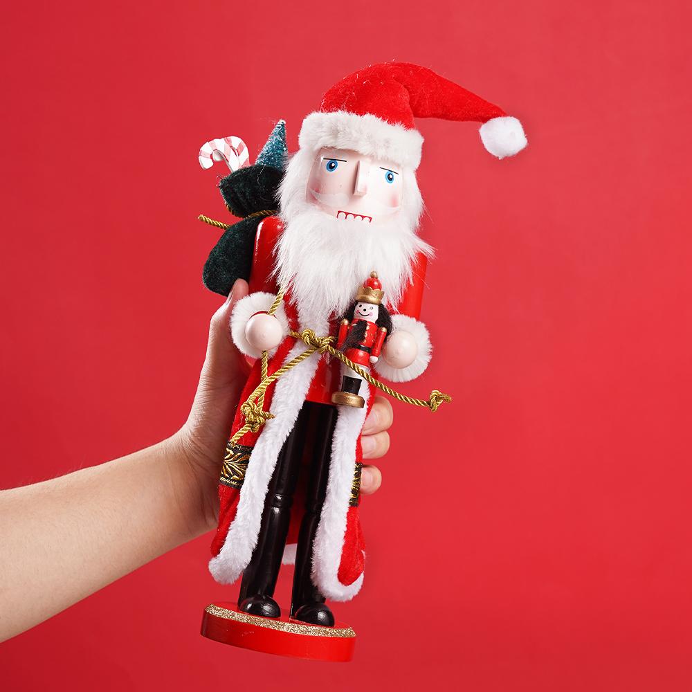 35CM Christmas Nutcracker Red Santa Claus with Cape Style Wooden Handicraft Home Office Festival Decoration Gift-giving