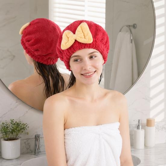 Dry Hair Cap, Bow Decor Soft Thickened Fabric Hair Towel, Ultra Absorbent Hair Wrap for Women Bathing Skin Care
