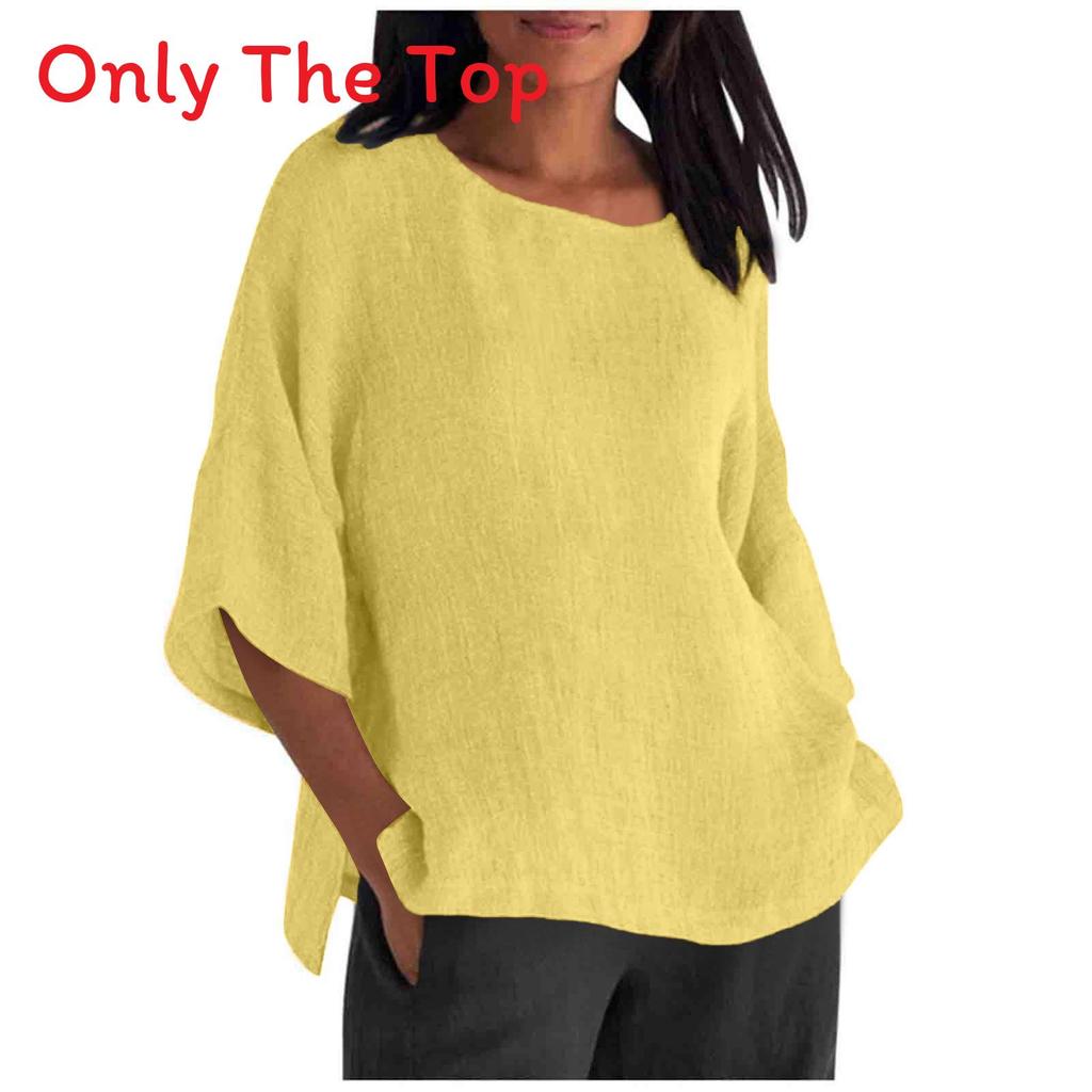 Cotton Linen Blouse For Women With Round Neck And Seven Quarter Sleeves For Casual Office Wear