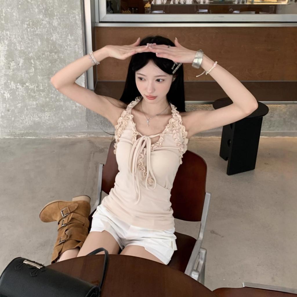 Spice Girl Sexy Style Apricot Fungus Edge Neck Vest Women's Summer Versatile Slim Skinny Halter Top