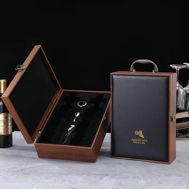 Luxury Double Leather Box Wine Bottle Wooden Organizer Wood Holder for Red Champagne with Cocktail Set