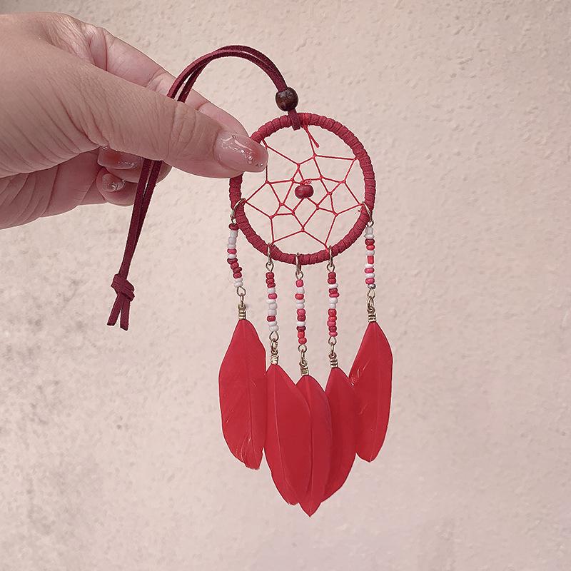 Bohemian Dream Catcher Wind Chime Pendant with Rice Beads - 5cm Wide, Southeast Asian Ethnic Style for Car Decoration.