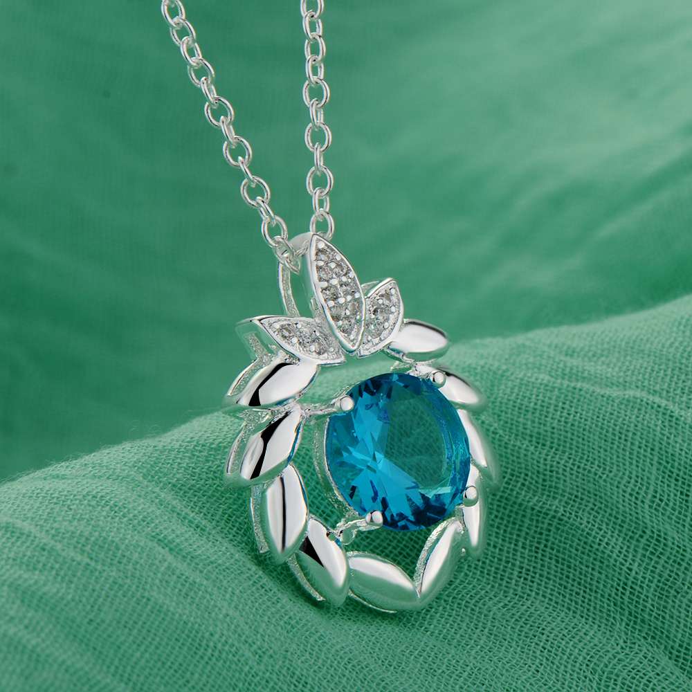 925 Silver Necklace for Women with Blue Zirconia Pendant Elegant Wedding Jewelry Gift