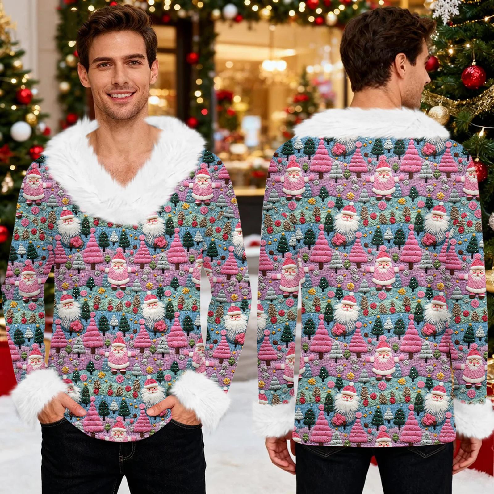 

Мужское худи с рождественским принтом и флисовой подкладкой | Праздничный свитшот с отделкой из искусственного меха и карманом | Праздничный пуловер большого размера свободного кроя XXL