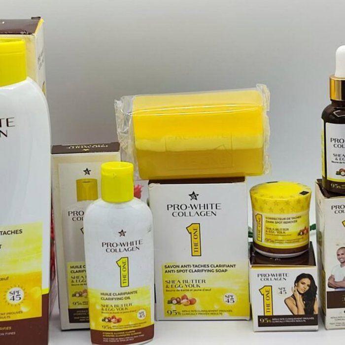 Pro White Collagène – Lait 500ml, Huile, Sérum, Savon &; Crème anti-taches