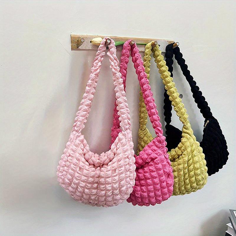 Crossbody Bag With Pleated Design Embroidered Plaid Shoulder Bag Underarm Bags Large Capacity Quilted Tote Bags For Women