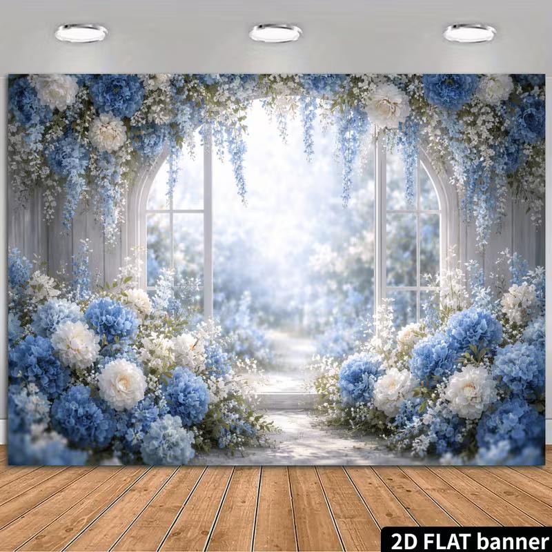 2D Floral Wedding Backdrop, Blue Hydrangea & White Flowers Party Background