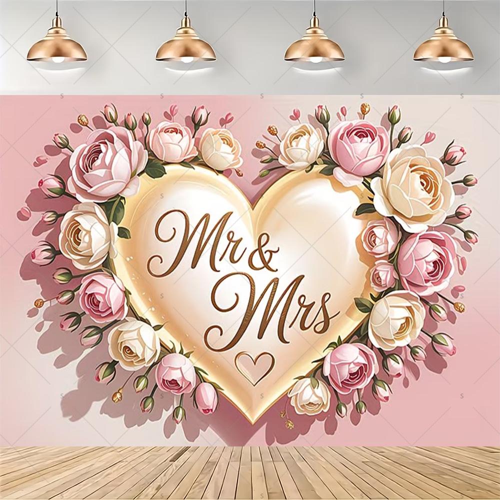 Elegant floral garland, Mr & Mrs theme, gold background, ribbon, wedding party decoration, backdrop, photography supplies2091