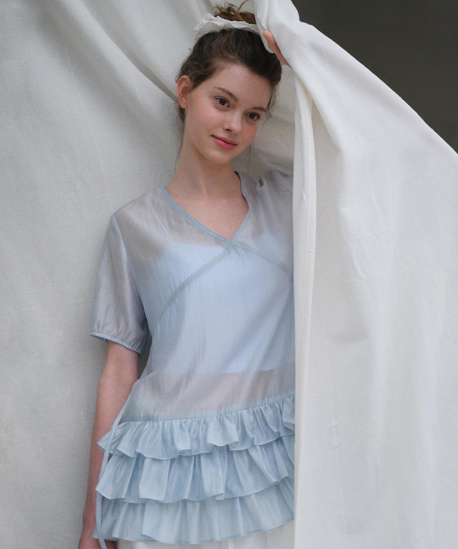 Hane Tencel Glow Sheer Frill Blouse_Air Sky S