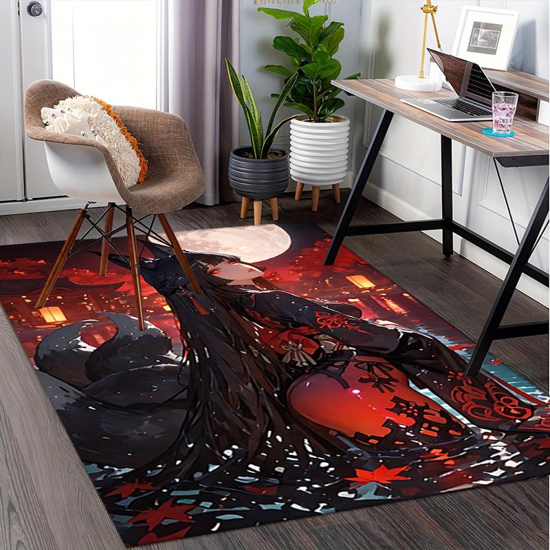 Japanese Fox Girl Chair Mat Office Carpet with Traditional Design for Home Decor and Gift