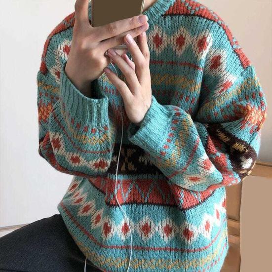 Men Autumn Sweater Geometric Print Colorful Long Sleeves Round Neck Loose Warm Thick O Neck Elastic Spring Sweater for Daily Wear