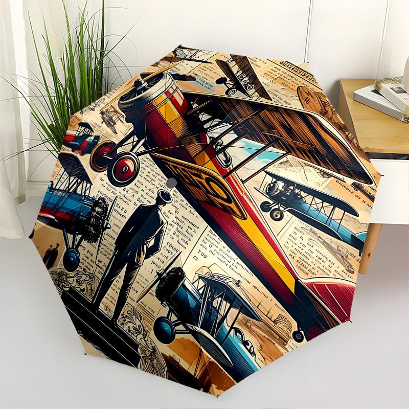 Aircraft, Aviation Themed Automatic Opening and Closing Umbrella, Brightly Colored 8-rib Portable Umbrella, Suitable for Men and Women, A Pe