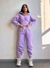 European and American fashion casual women's solid color long-sleeved waist cardigan hooded sweater strappy pants two-piece set