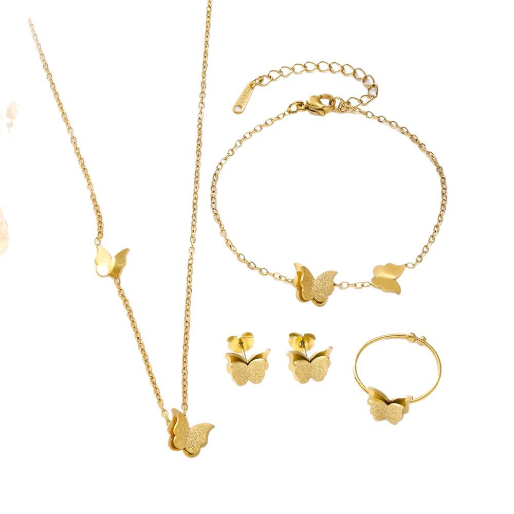 Elegant Frosted Butterfly Jewelry Set: Titanium Steel Double Layer Necklace, Bracelet & Earrings