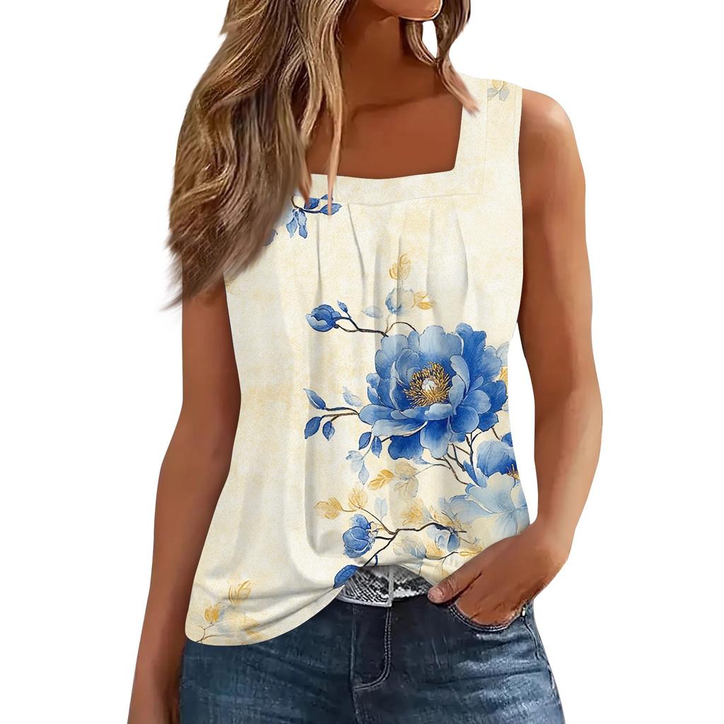 Women's Pleated Square Collar Sleeveless Vest Print T-shirt