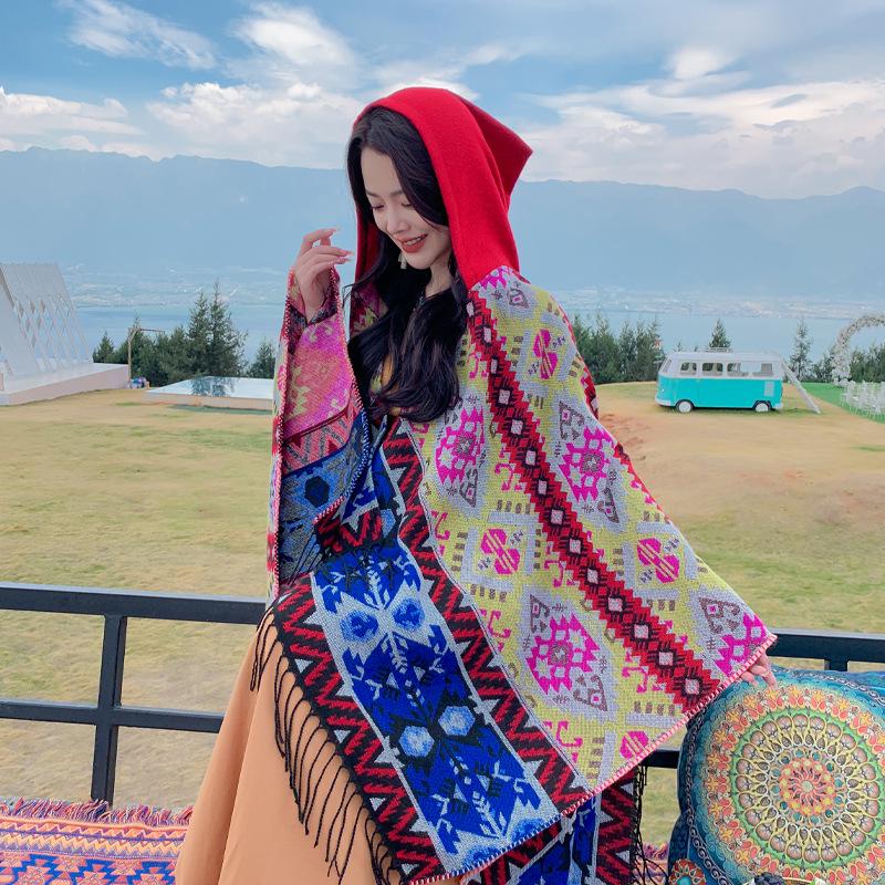 Women's Ethnic Style Hooded Shawl Cloak, Geometric Design for Autumn/Winter, Ideal for Tibet, Qinghai, Yunnan Travel