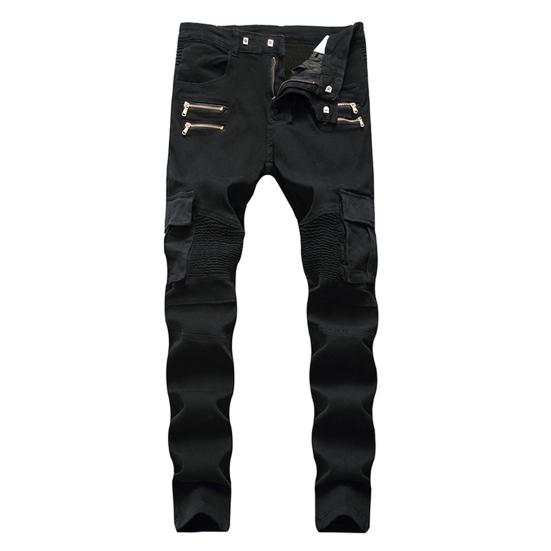 Motorcycle Cargo Pants Pleats Multi Pockets Solid Color Slim Fit Streetwear Hip