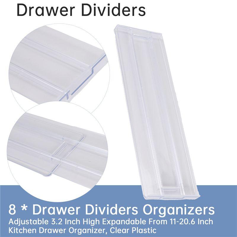 J1UL1N Drawer Dividers 8 Pack, Adjustable 3.2 Inch High Expandable From 11-20.6 Inch Kitchen Drawer Organizer, Clear Plastic