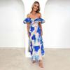 Summer Women's Fashion Print Pleated with Belt Ankel-Length V-Neck Dress
