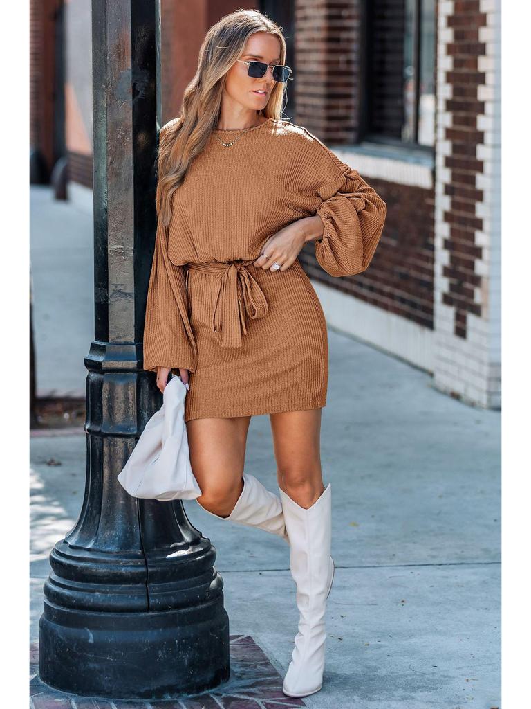 2026 Spring/Autumn Women's Long Sleeve Ribbed Knit Dress with Belt - European & American Style