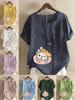 Women's Fashion Cat Print Shot Sleeve T-shirt Loose Cotton Shirt Casual Loose Summer Blouse Tops Plus Size