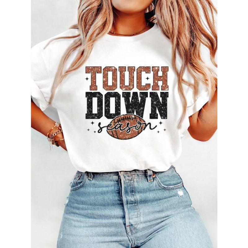 Women's Casual Round Neck Short Sleeve Olive Green Football Letter Print T-Shirt