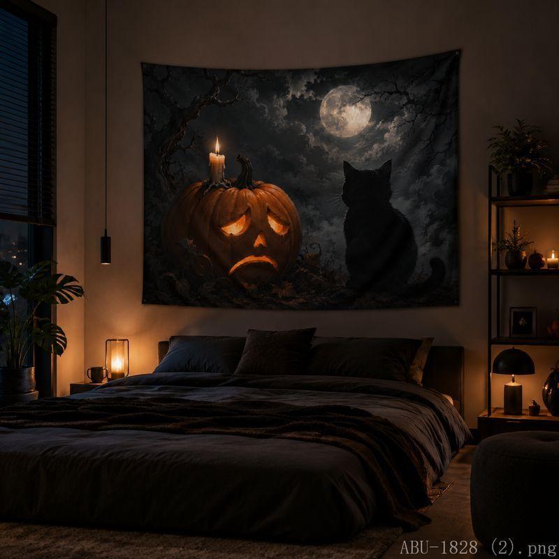 Halloween Tapestry, Pumpkin Spider Web, Black Cat Moon Print Wall Hanging, Bedroom Party Wall Decoration