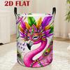 1pc Round Polyester Laundry Basket with Dual Handles | Foldable Storage Bin with 2D Flat Mardi Gras Flamingo Feather Print for Clothes,, and Home Orga
