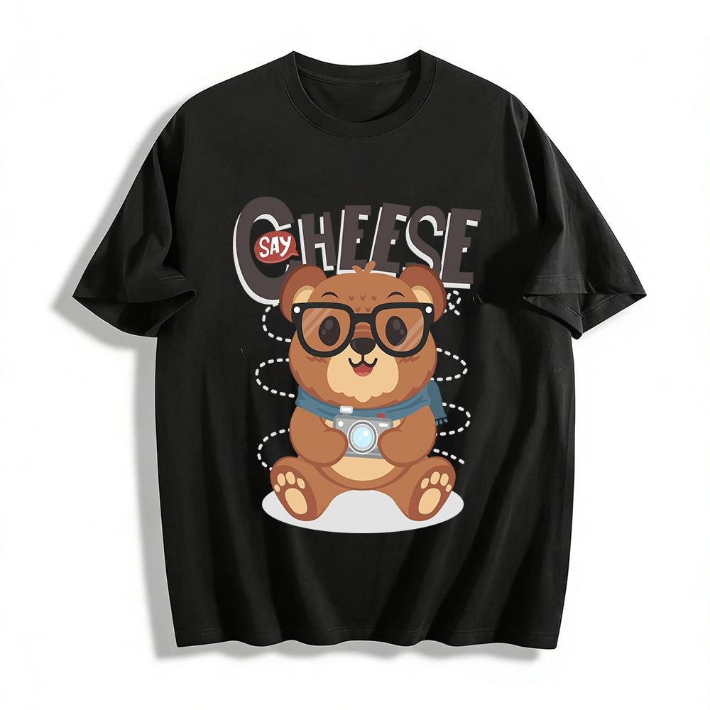 

Cute Photographer Bear Print Casual T-shirt Kids Boys Girls Cartoon Crew Neck Breathable Daily Top Pure cotton T-shirt XXS