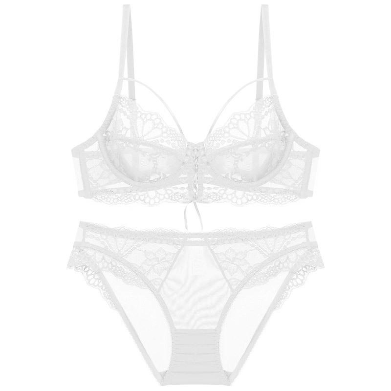Sexy Ultra-thin Lace Underwear Fashion Ribbon Big Chest Small Semi-see-through Bra Suit Women