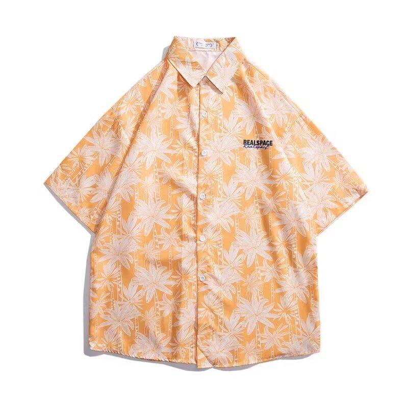 

Мужская рубашка в стиле ретро, ​​мужской летний наряд, студенческий свободный крой, нишевый дизайн, повседневный мужской топ, верхняя одежда, пляжный топ XL жёлтый