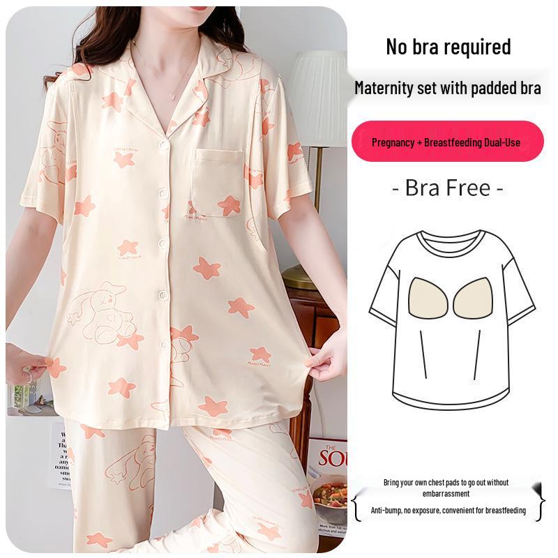 Plus Size Modal Cotton Maternity Pajamas - Short & Long Sleeve with Breast Pads for Nursing Moms