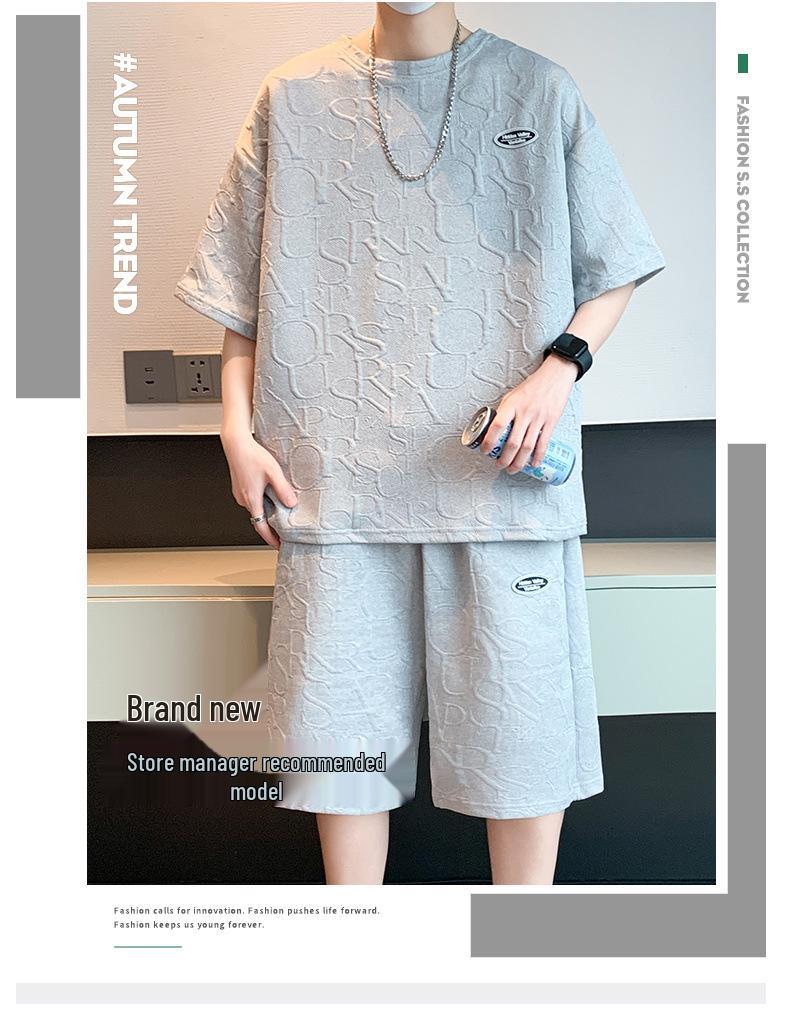 Men's Casual Summer Jacquard Suit: Versatile Short Sleeve and Shorts Set with Loose Fit Design