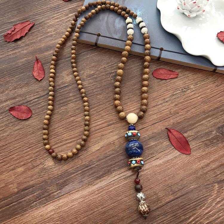 Colier lung etnic retro nepalez cu aripi de pui din lemn și margele Bodhi - Accesoriu de modă unisex