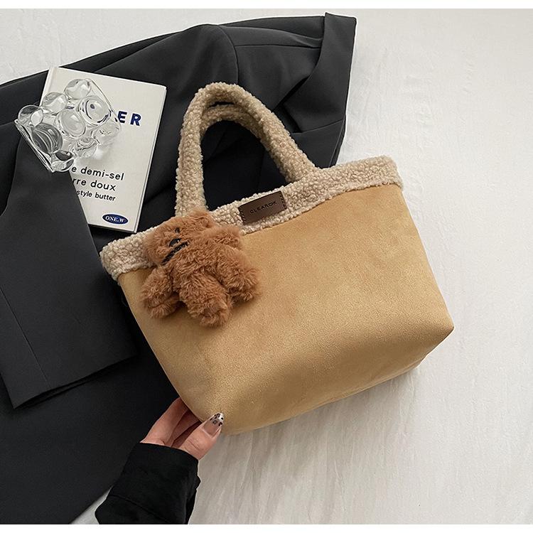 

Women s bag Korean niche suede portable vegetable basket bag plush hand bucket bag autumn and winter versatile no pendant хаки