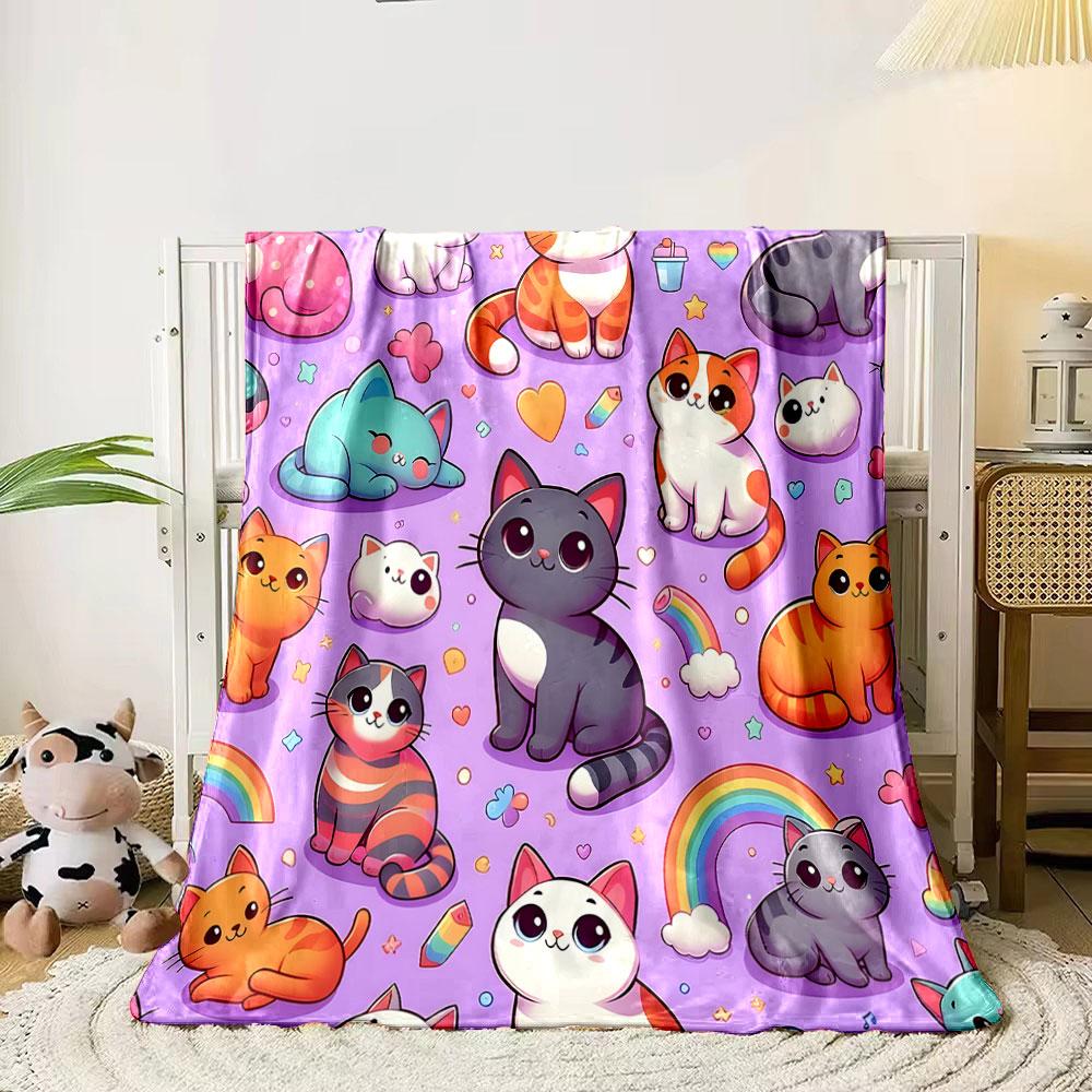 Cute Colorful Cartoon Cats On Purple Background Print Blanket Soft and Cozy Perfect for the Living Room Bed Sofa or a Nap,gift