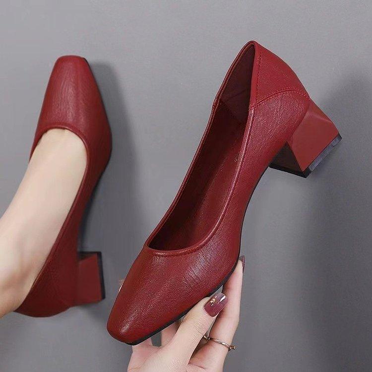 Coarse heel medium heel small leather shoes women's 2025 spring new versatile square head single shoes women's soft leather soft sole square heel wor
