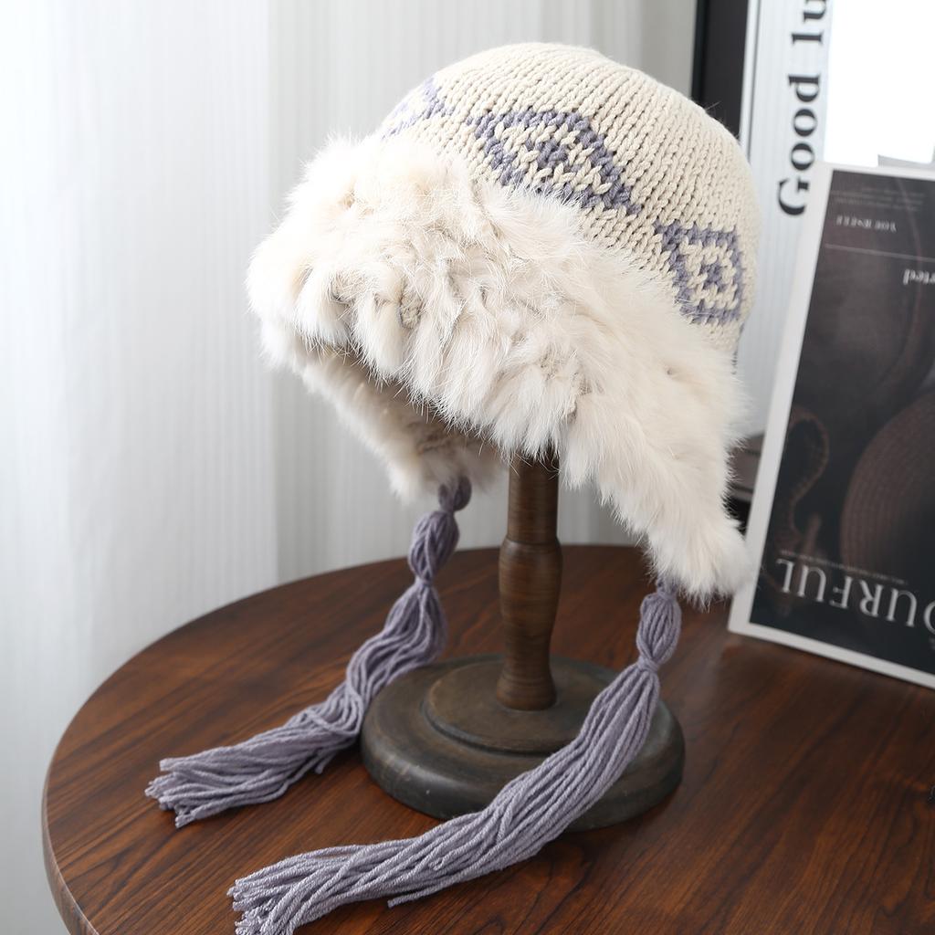 South Korea's new autumn and winter rabbit hair cold-proof wool hat women's warm ear protection straps plush knitted hat